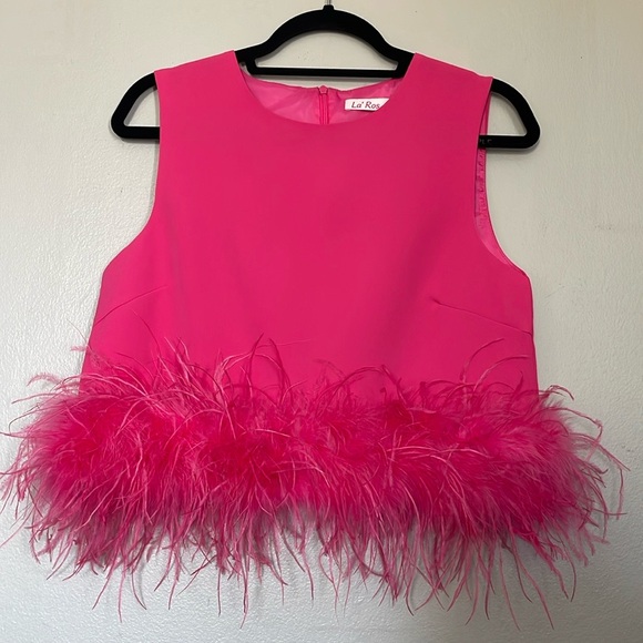 la ros Tops - La Ros Hot Pink Feather Top Cropped Sleeveless Tank Shirt Size Small Barbie